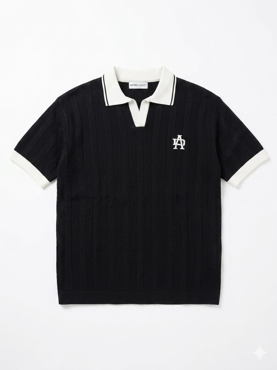 Bershka Retro Open-Knit Johnny Collar Polo – White/Burgundy