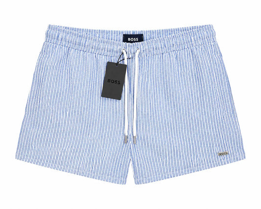 BOSS Men’s Blue & White Seersucker Stripe Swim Shorts