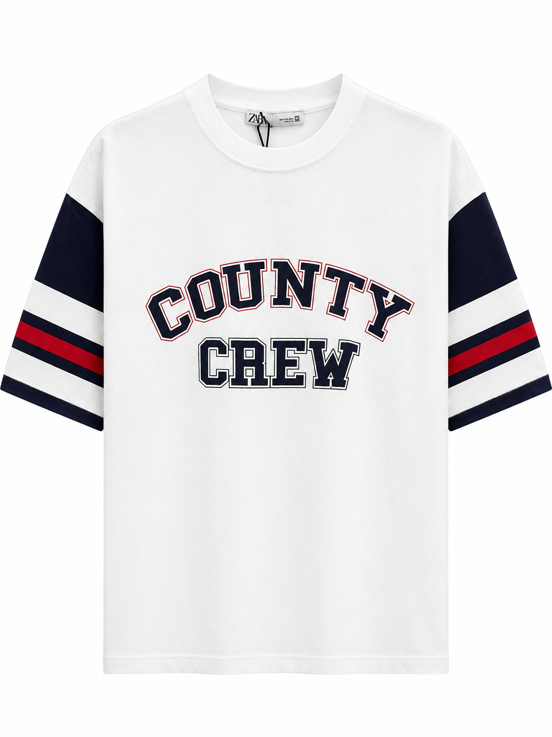 ZARA Box Fit County Crew Graphic T-Shirt – White Varsity Stripe Tee