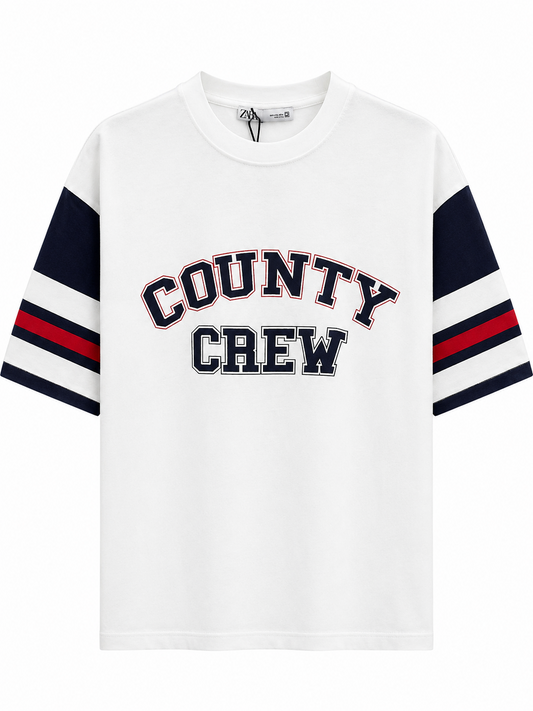 ZARA Box Fit County Crew Graphic T-Shirt – White Varsity Stripe Tee