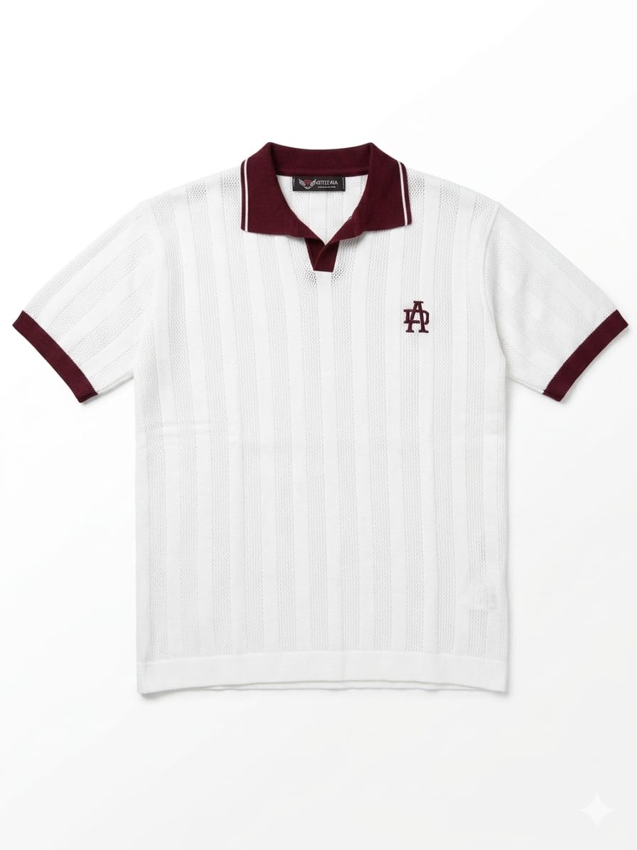 Bershka Retro Open-Knit Johnny Collar Polo – White/Burgundy