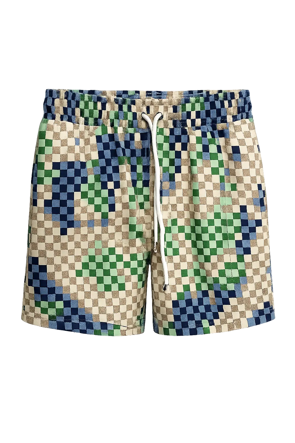 Men’s Mosaic Checkerboard Swim Shorts – Blue, Green & Beige