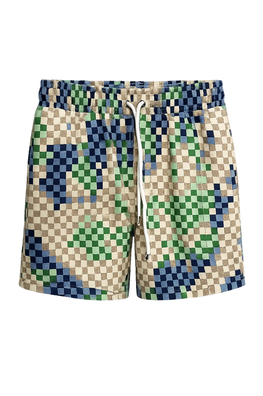Men’s Mosaic Checkerboard Swim Shorts – Blue, Green & Beige