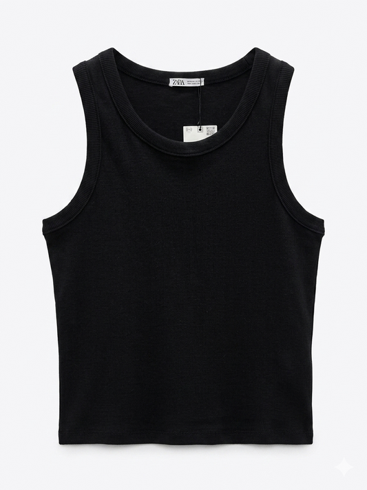 Zara Classic Ribbed Crewneck Tank Top – White &black
