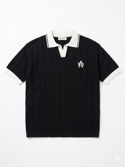 Bershka Retro Open-Knit Johnny Collar Polo – White/Burgundy