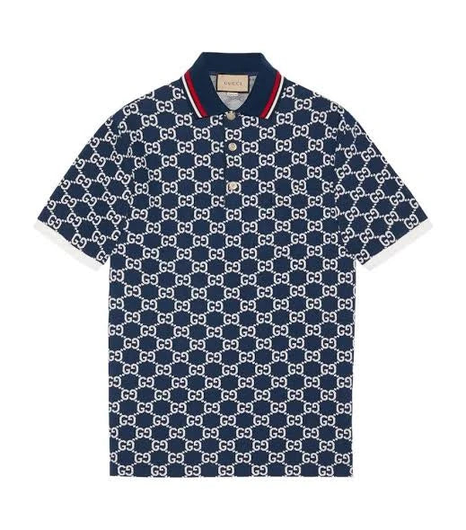 Gucci GG Monogram Web Collar Polo Shirt - Navy Blue