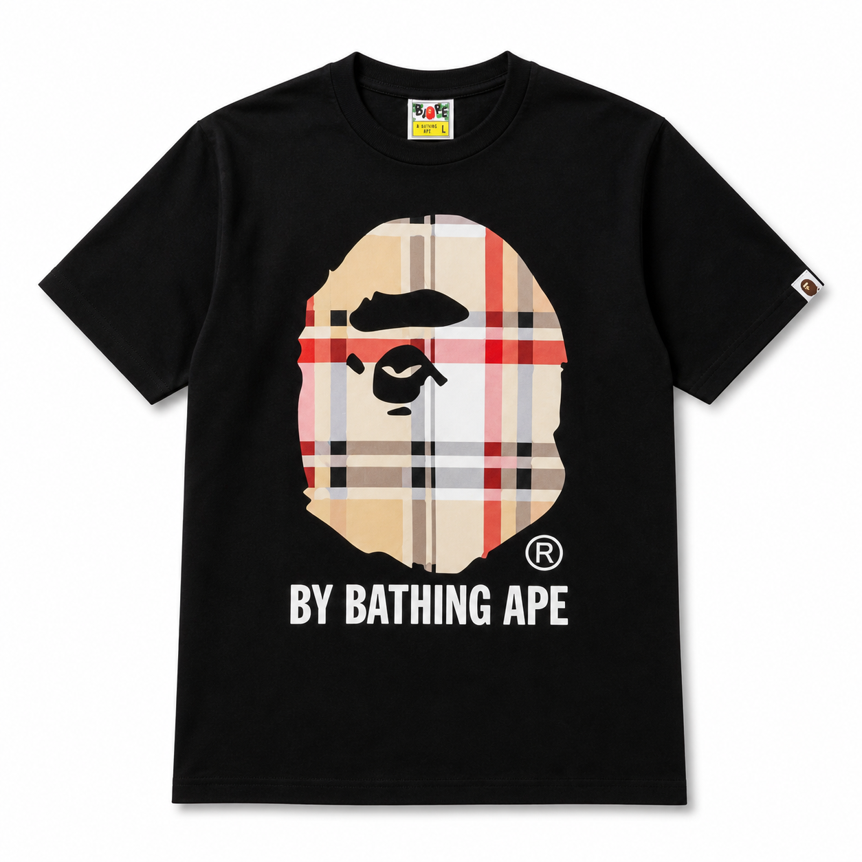 Black Graphic T-Shirt – Bathing Ape Inspired Plaid Ape Head Print