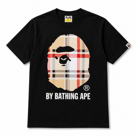 Black Graphic T-Shirt – Bathing Ape Inspired Plaid Ape Head Print