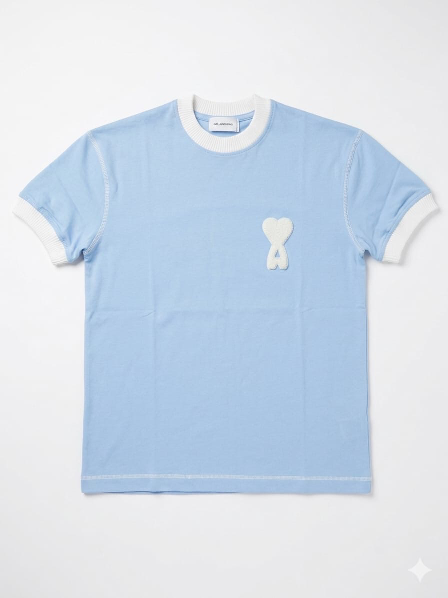 Ami Paris Ami de Coeur Ringer T-Shirt - Sky Blue / White