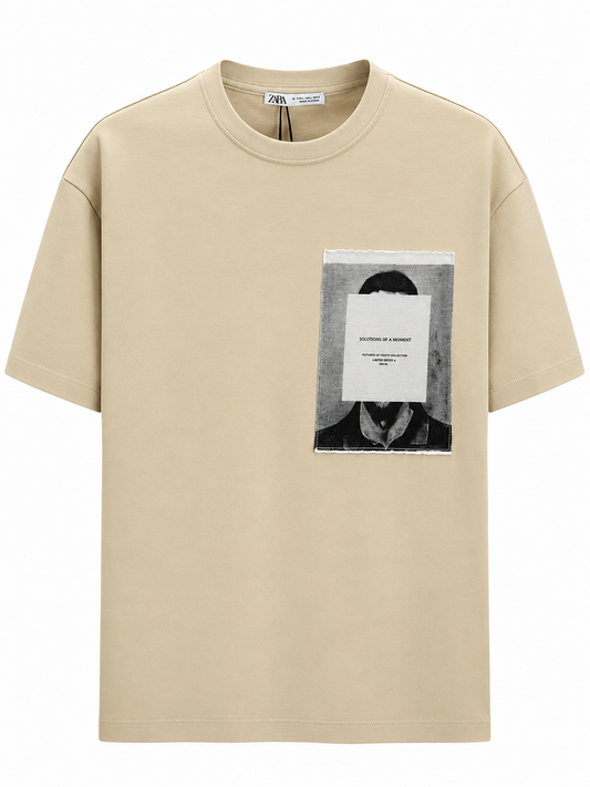ZARA Box Fit Graphic Patch T-Shirt – Beige