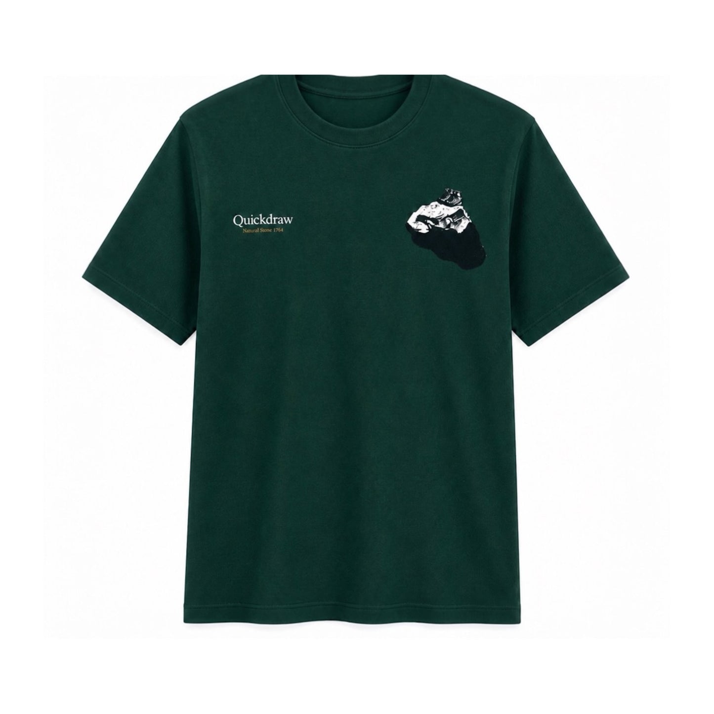 Green t-shirt with 'Quickdraw' logo on a white background