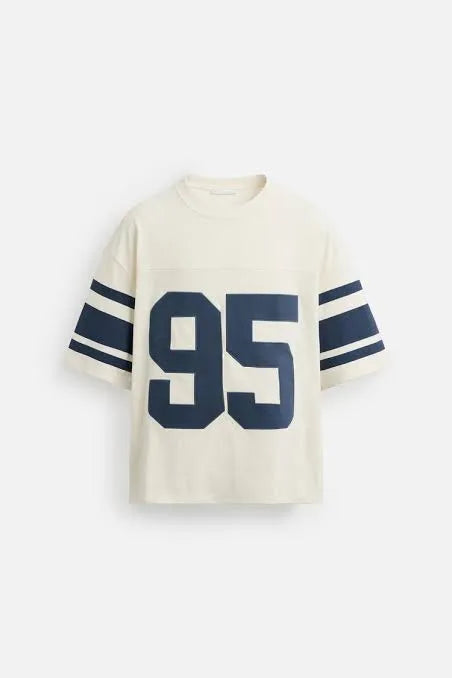 Retro '95' Varsity Oversized T-Shirt - Off-White/Navy