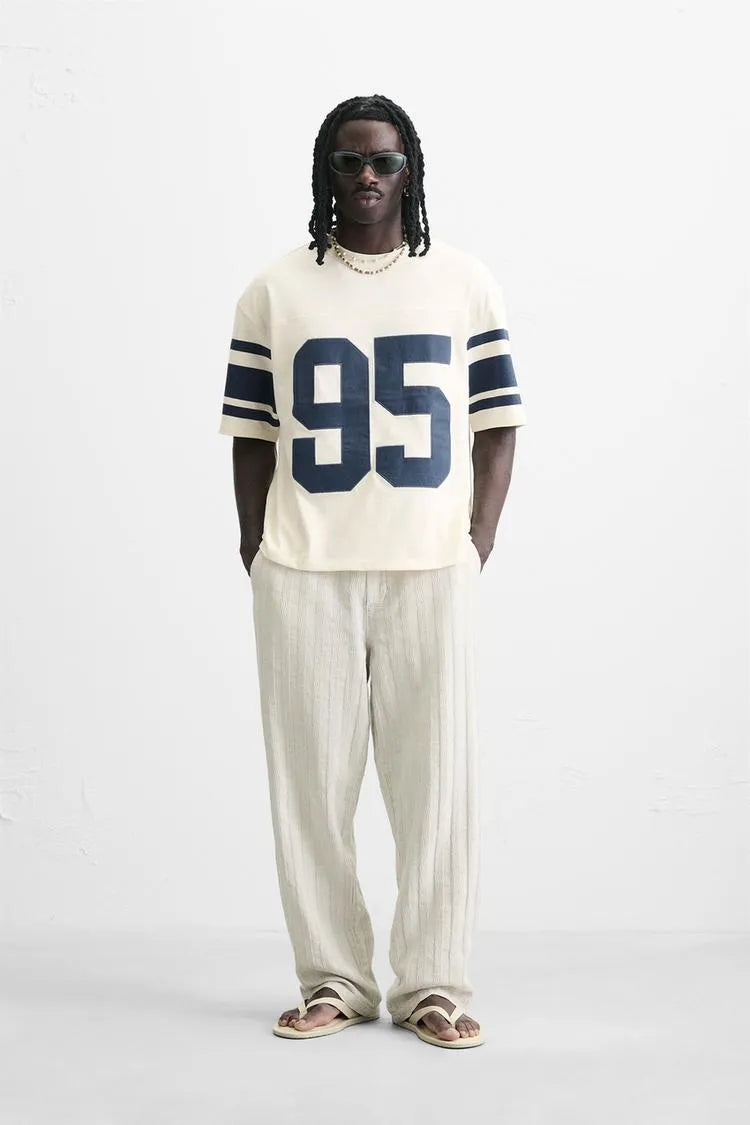 Retro '95' Varsity Oversized T-Shirt - Off-White/Navy