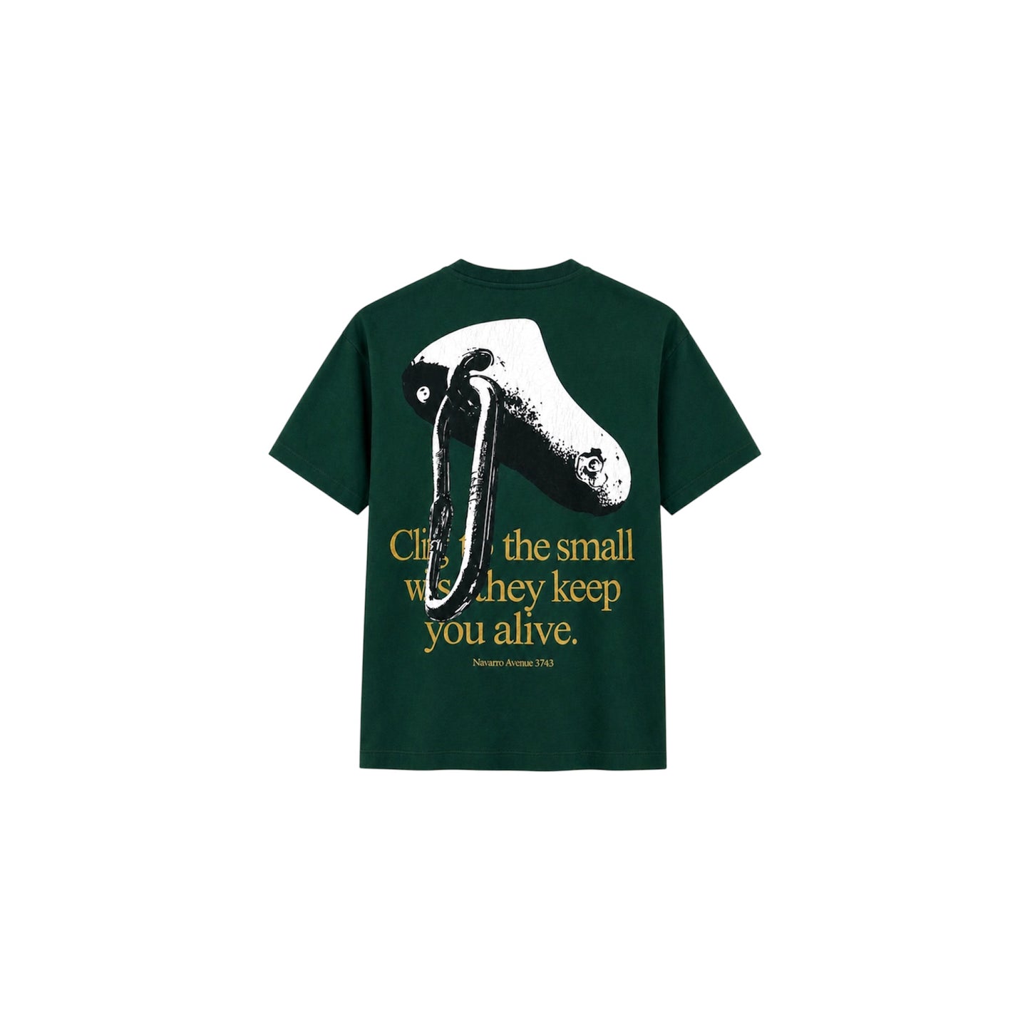Green t-shirt with graphic design and text on a white background