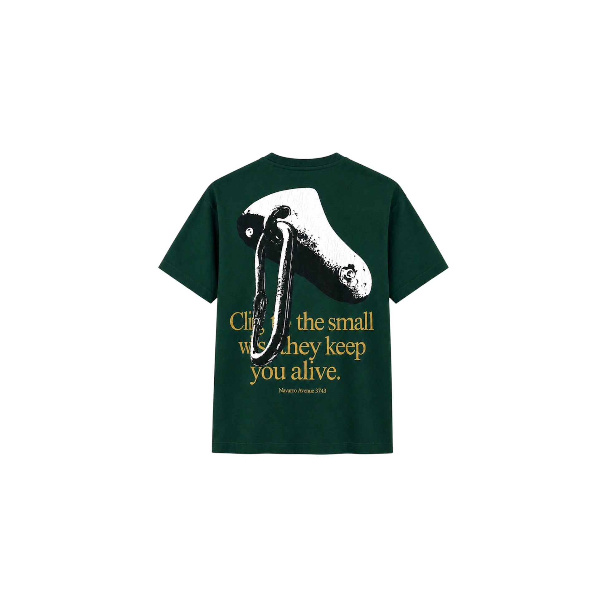 Green t-shirt with graphic design and text on a white background