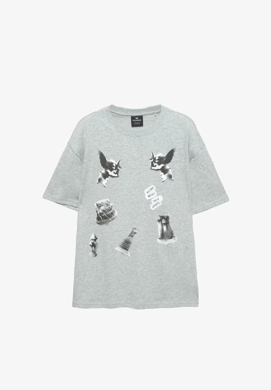 Pull&Bear "History Walks" Graphic T-Shirt - Grey Marl Oversized Tee