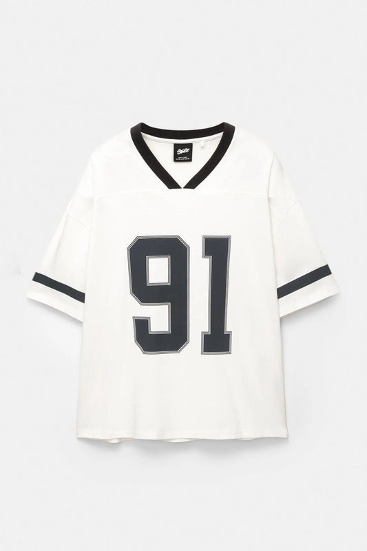 Pull&Bear STWD Athletic Jersey T-Shirt - Off-White & Black