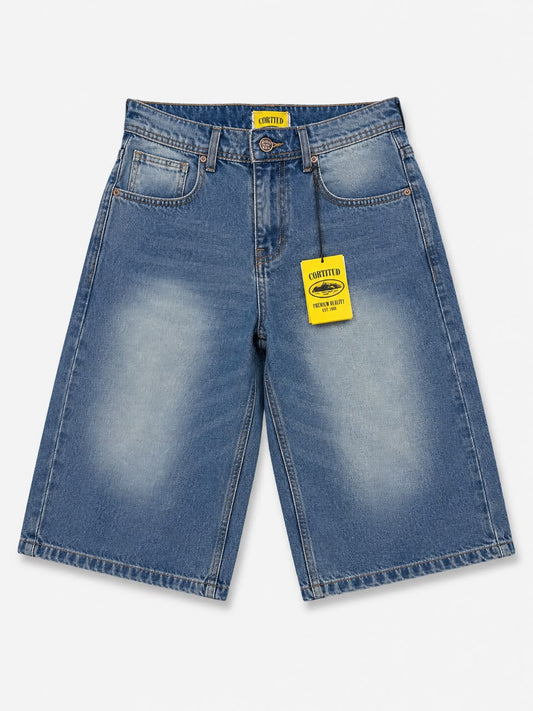 Cortitud Washed Blue Wide-Leg Denim Shorts Over Sized