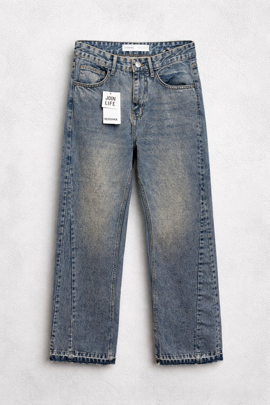 Bershka High-Waist Flared Jeans - Mid-Blue Vintage Wash